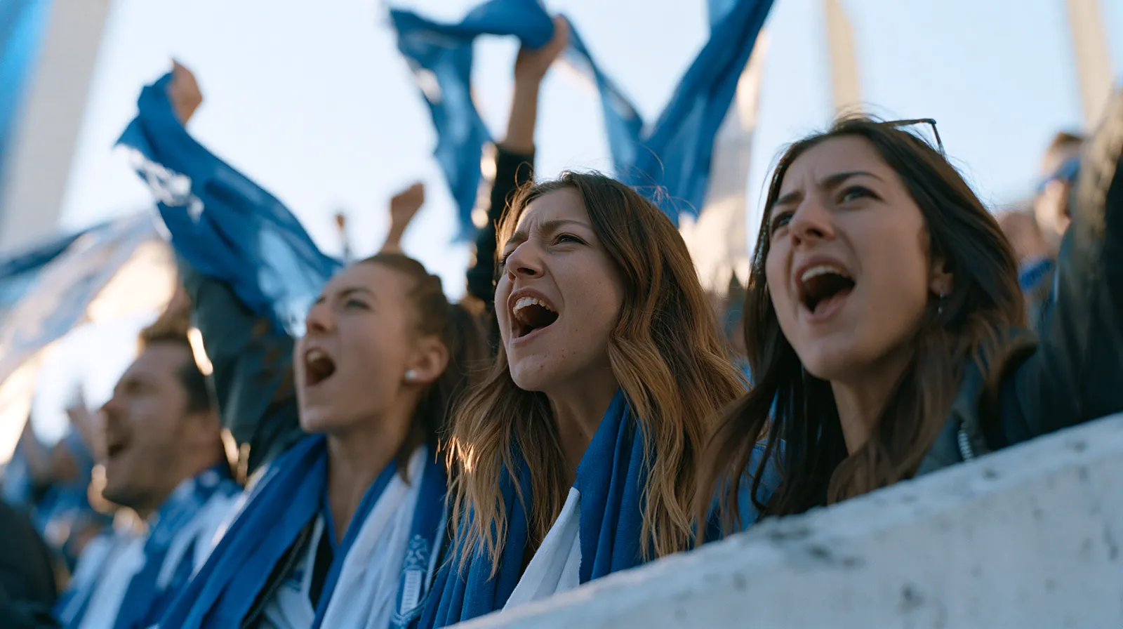Supporters en écharpes bleues sur une tribune ensoleillée